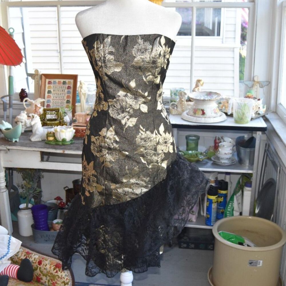 Vintage 80s Strapless Gothic Nadine Dress Black Gold Lace Mermaid Made in USA XS